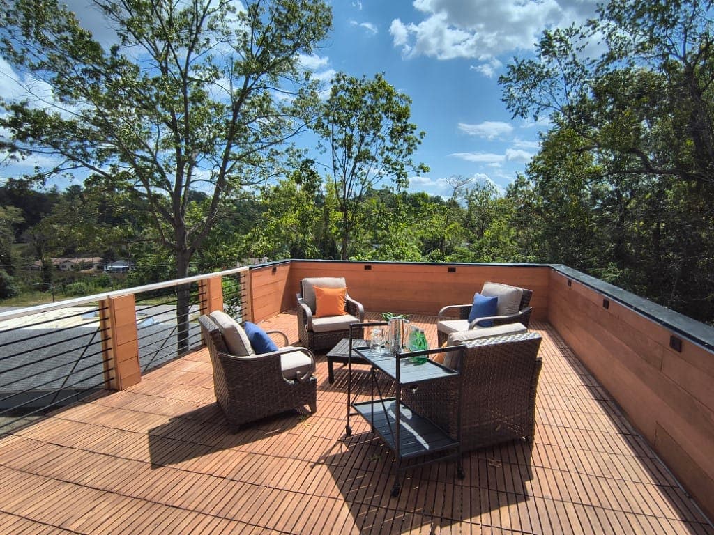 Mountain view from stone patio at a Blue Ridge home